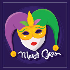 Mardi Gras jester mask with colorful feathers Vector