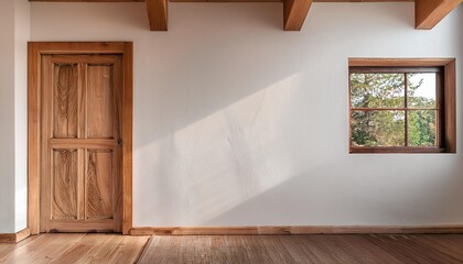 Empty Rustic Wood Accents Wall Mockup in Farmhouse Interior with Sliding Door and a Wall Decor. Natural Daylight From a Window. Promotion Background.