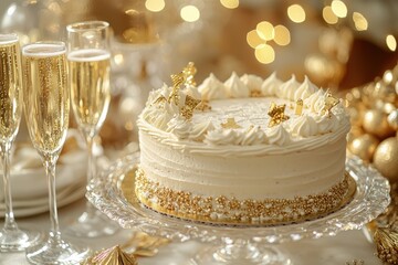 A sophisticated birthday party with a cake, champagne glasses, and golden accents