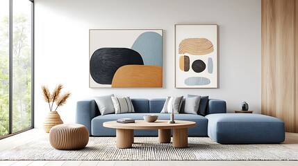 Modern minimalist living room with abstract art