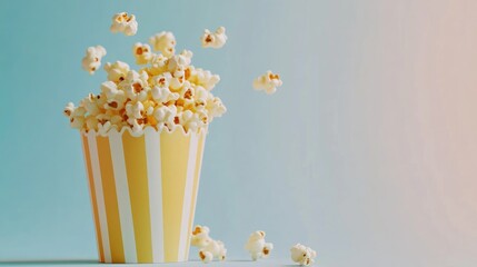 A yellow striped popcorn container with many kernels spilling out