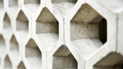 Close-up view of a textured concrete wall featuring hexagonal patterns and shadows