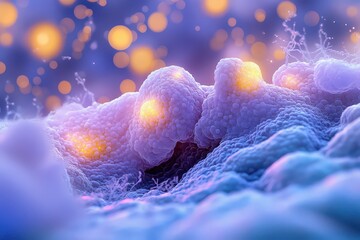 Close-up view of vibrant cellular structures illuminated by glowing particles in a microscopic environment