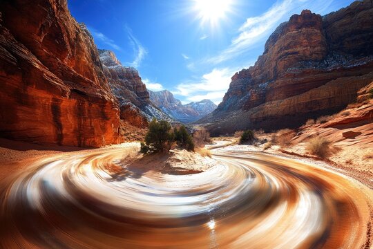 Sunlit canyon with swirling river, snow-dusted banks, and red rock formations under a vibrant blue sky - Powered by Adobe