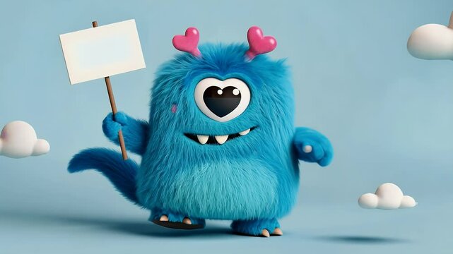 A playful blue monster with hearts on its head holds a blank sign, set against a soft, cloud-filled background.