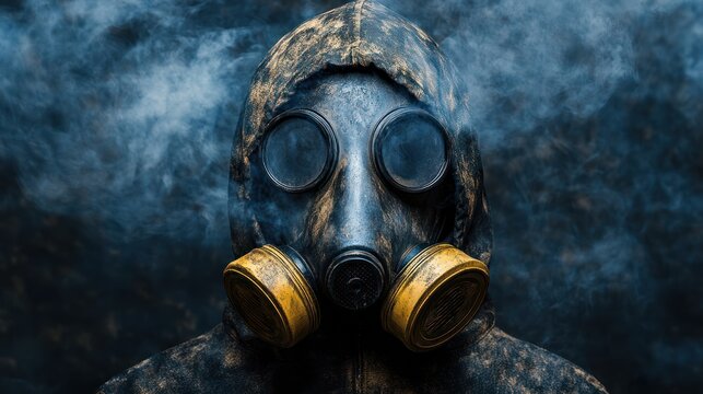 Person in gas mask shrouded in smoke.