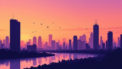 Naklejka premium Sunset Cityscape with Reflective River