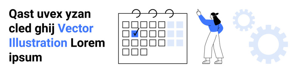 Woman pointing at a calendar with a marked check date, accompanied by gears. Ideal for scheduling, planning, organization, productivity, time management, goal setting, simple landing page