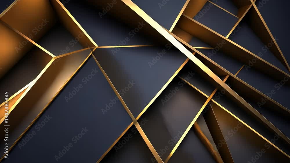 Poster geometric abstract design with intersecting gold lines on dark navy background. intricate 3d shapes 