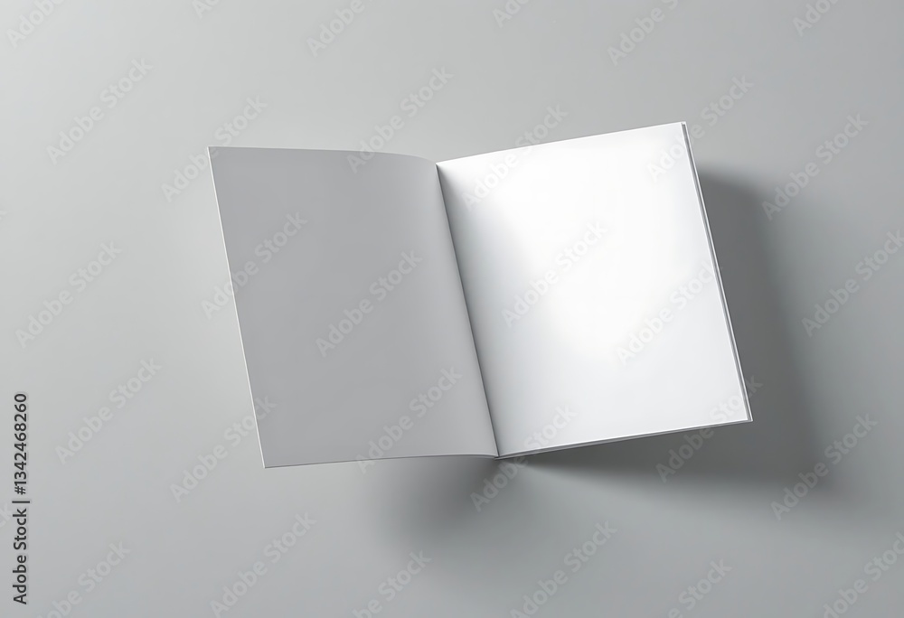 Poster an open blank book on a gray background with soft shadows around it