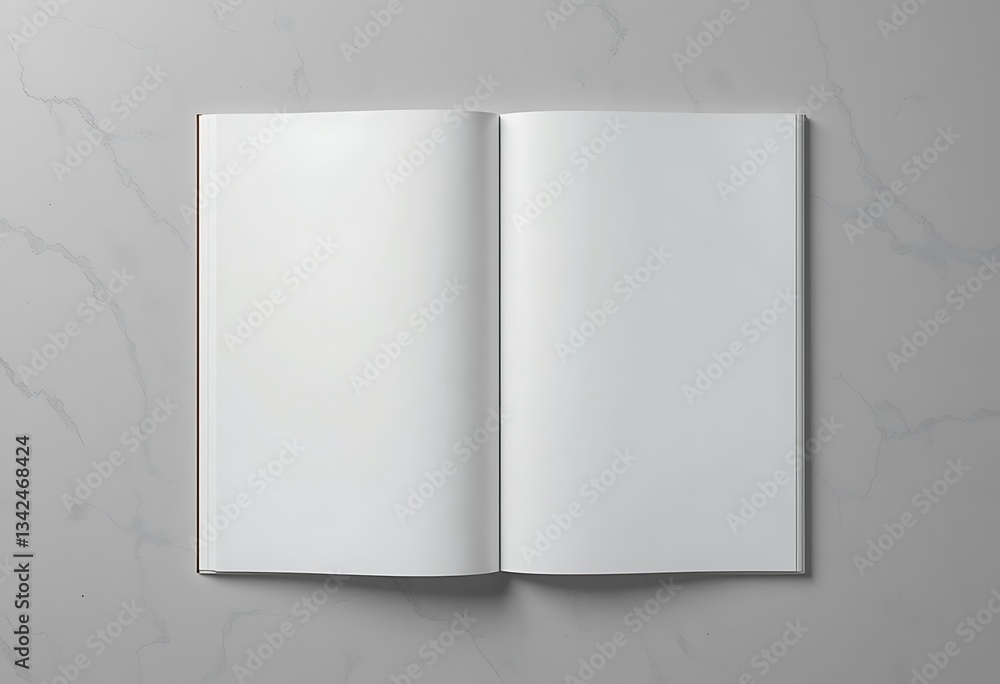 Poster an open blank book is on a white marble surface from above view flat