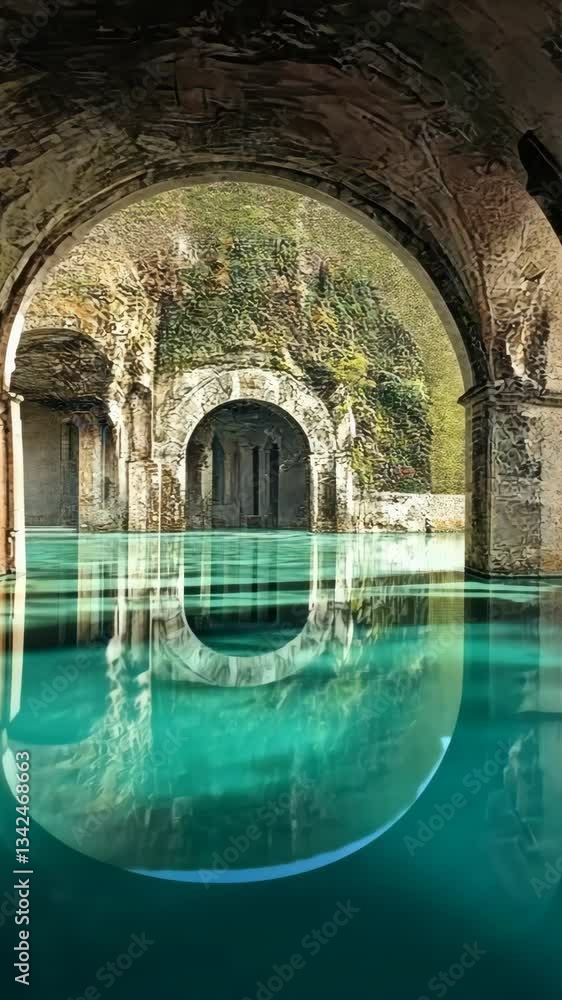 Poster mysterious underground pool with ancient architecture reflecting serene calmness