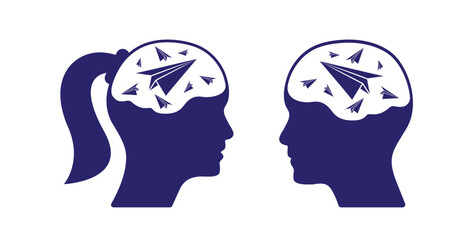 Blue open mind business man woman character with paper planes vector. Idea concept illustration to use for business, logical thinking, open mind, knowledge concept projects.