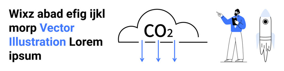 Man holding clipboard pointing at CO2 cloud diagram with arrows indicating flow, next to a rocket graphic. Ideal for science, environment, sustainability, technology, education, climate change