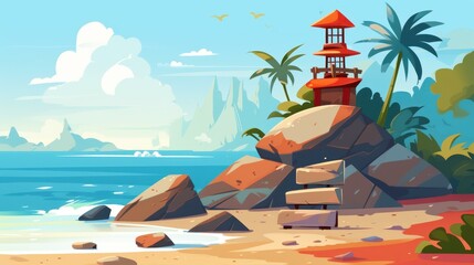 Naklejka premium Discover the perfect beach escape, featuring calm tides and smooth rocks for a serene retreat. Relax and unwind by natures beauty.