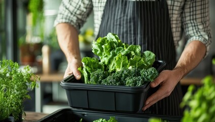 Homegrown Goodness: A Man Carefully Holds a Container of Freshly Harvested Leafy Greens