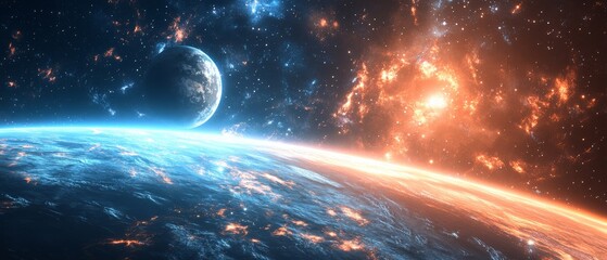 A planet with a moon and a bright orange star in the background