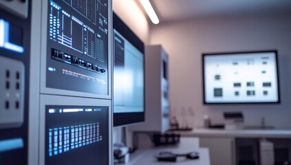 Advanced Technology Control Room:  Modern Data Center Monitoring Displays and Screens