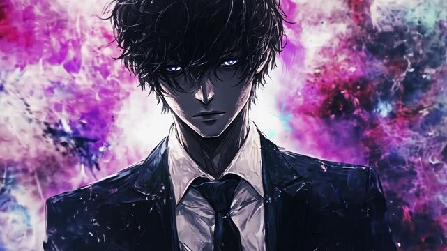 Mysterious boy in formal attire with dark hair and striking blue eyes surrounded by colorful cosmic background