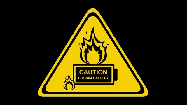 video animation signage caution danger of fire lithium battery poster, on a transparent background with alpha channel set to zero 