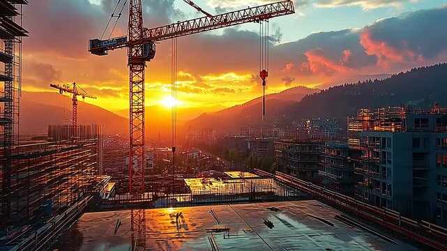 Construction site at sunset with cranes and buildings under development against a vibrant sky