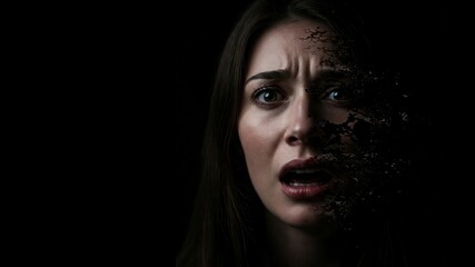 Naklejka premium A person with a distressed expression, dissolving effect, and dark background. Concept of anxiety, fear, mental breakdown, and identity loss. Black space allows for text placement, perfect for designs