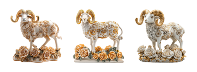 Three Decorative Rams with Floral Designs and Ornate Gold Accents
