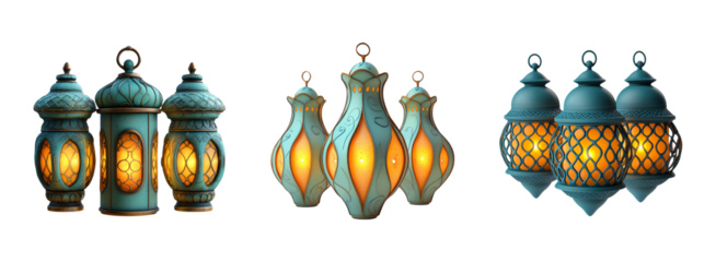 Elegant Decorative Lanterns with Glowing Light in Blue and Gold Design
