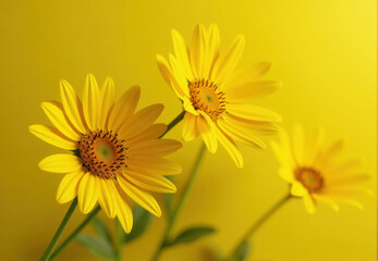 Obraz premium Three Yellow Daisies Against Yellow Background