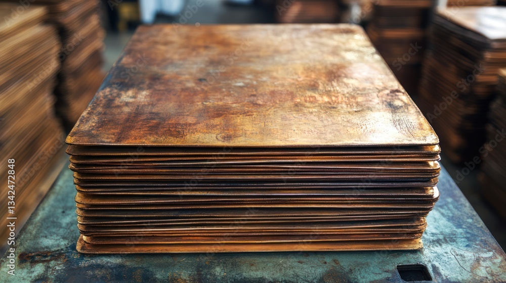 Poster stack of weathered copper sheets in a factory.