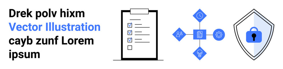 Checklist clipboard, interconnected network nodes, shield with lock visualizing security, compliance, organization. Ideal for cybersecurity, data protection, workflow, risk management safety flat