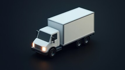 A sleek delivery truck with illuminated headlights ready for transportation tasks in a dark se
