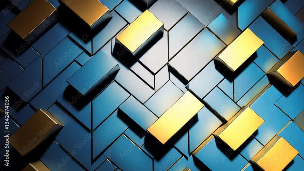 Poster geometric abstract pattern of metallic blocks in blue and gold. interlocking shapes create a complex