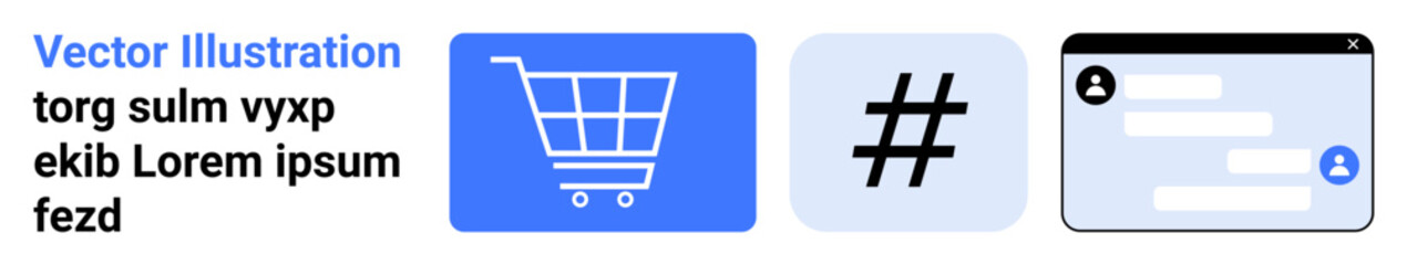 Shopping cart, metadata tag symbol, and chat window highlight themes of online shopping, social media, messaging, web navigation, interaction, technology, and a simple landing page