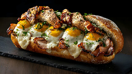 Overstuffed Sandwich with Fried Eggs Bacon and Melted Cheese on a Rustic Wooden Table