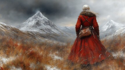 Woman Exploring Snowy Mountain Range in Red Coat Adventure Landscape