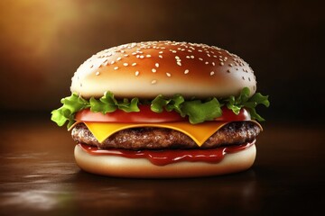Delicious Cheeseburger with Fresh Ingredients and Sesame Seed Bun Perfect for Fast Food Advert