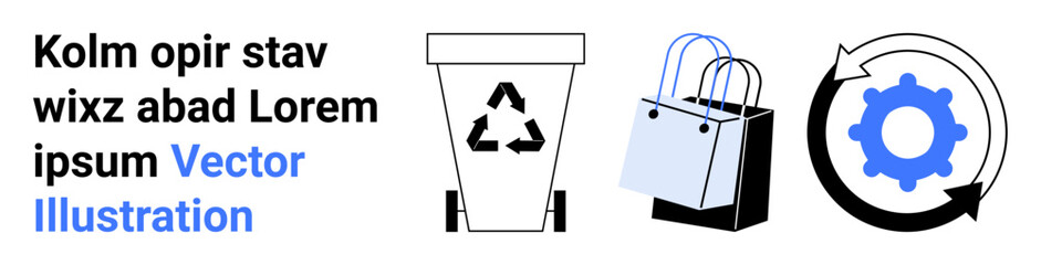 Recycling bin with symbol, shopping bags for eco-shopping, and gear in a loop for circular economy. Ideal for sustainability, recycling, green lifestyle, eco-shopping, environmental consciousness