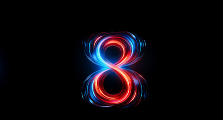 Vibrant figure eight shape formed by dynamic light trails in red and blue hues against a stark black backdrop.  The glowing effect creates an abstract and energetic design.