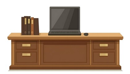 Office desk with laptop, files, and mouse, for work use