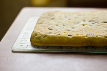 Homemade banana charlotte. Freshly baked. Close-up.