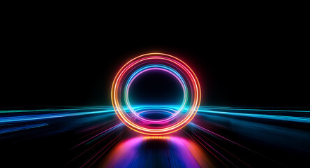 A vibrant neon circle glows with rainbow colors against a stark black backdrop, with streaks of blue and purple light extending on the ground toward the viewer.