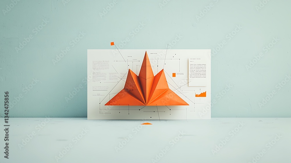 Poster Orange paper structure on blueprint. Data visualization concept