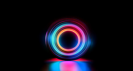 Vibrant concentric circles glow brightly against a dark backdrop.  Illuminated rings create a captivating, futuristic and abstract design with a colorful reflection below.