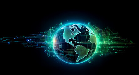 Obraz premium A glowing digital globe emerges from the darkness, surrounded by vibrant green and blue circuit-like patterns. It evokes a sense of modern technology and global connectivity in a cyberspace environme