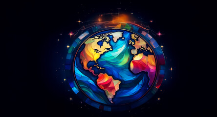 Colorful Earth illustration in stained glass style against a dark background with light effects.