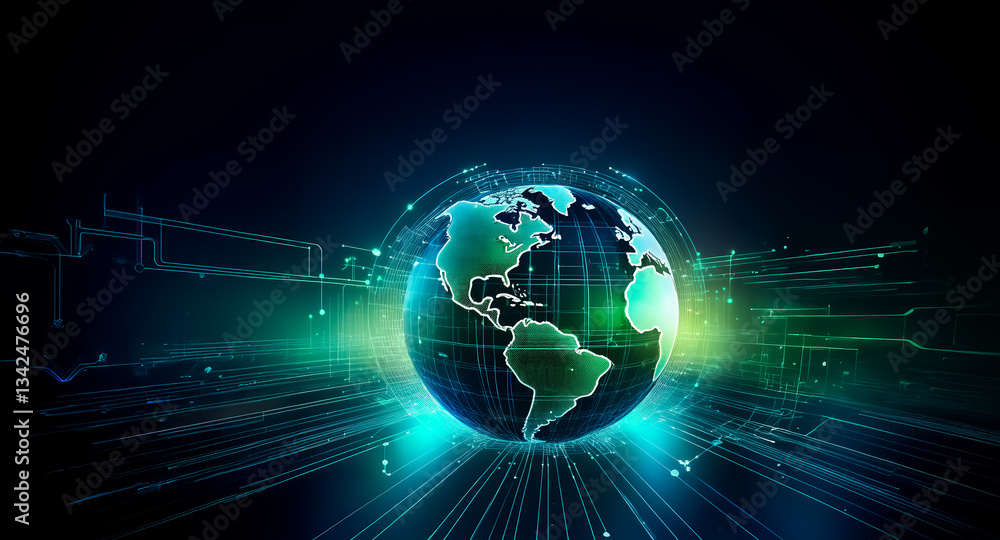 Poster digital globe with glowing continents and blue oceans, surrounded by bright lines and dots on a dark