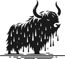 Yak standing in a river and water dripping from its fur vector silhouette