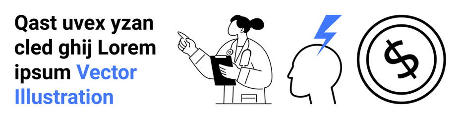 Doctor holding clipboard points thoughtfully, blue lightning strikes outline of head, circular dollar symbol. Ideal for healthcare, mental health, innovation, finance, education, problem-solving