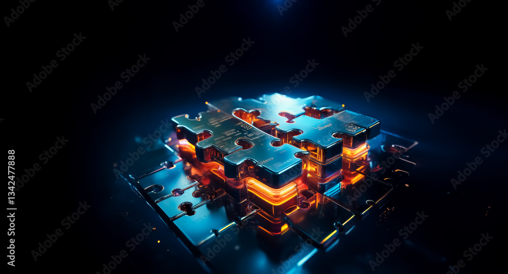 Poster abstract futuristic structure with glowing orange and blue lights against a dark backdrop. digital a